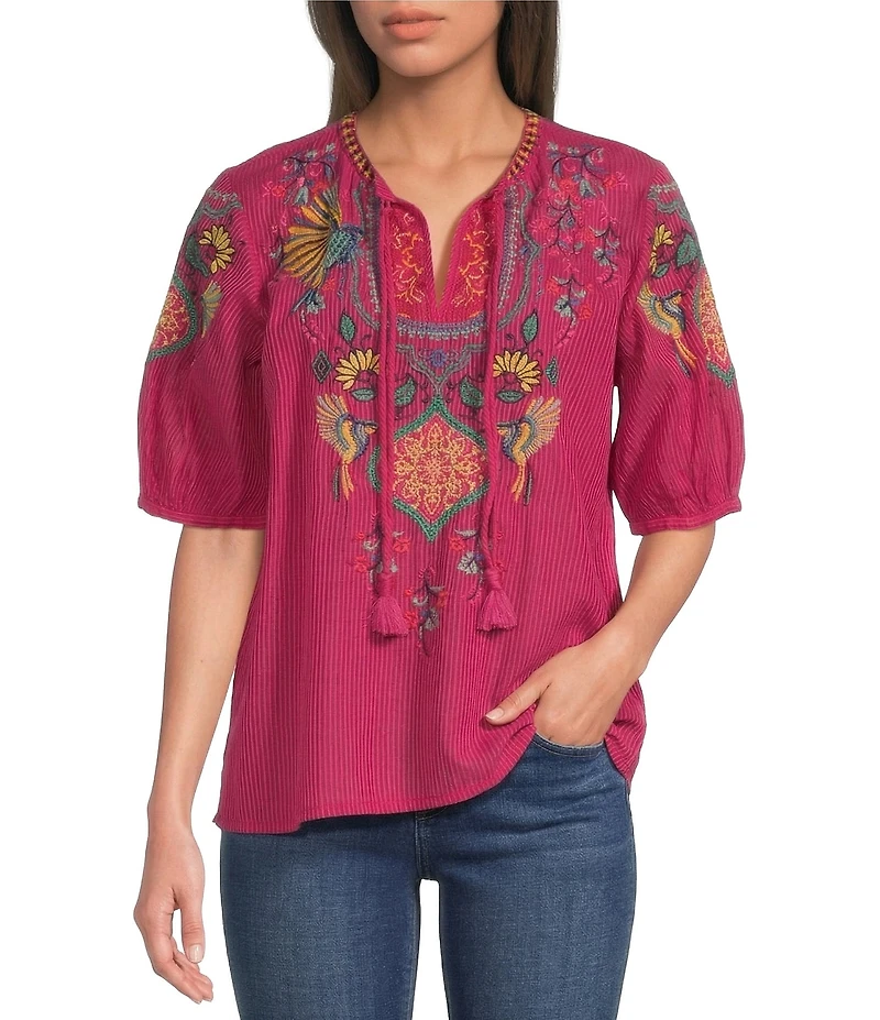 JOHNNY WAS Margot Embroidered Tassel Split V-Neck Short Sleeve Blouse