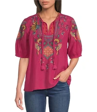 JOHNNY WAS Margot Embroidered Tassel Split V-Neck Short Sleeve Blouse
