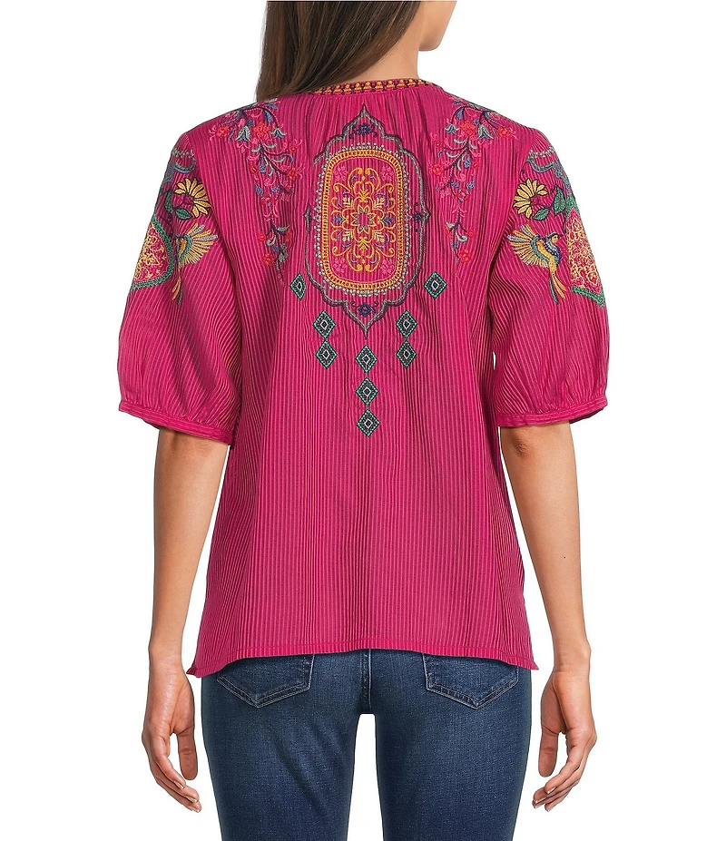 JOHNNY WAS Margot Embroidered Tassel Split V-Neck Short Sleeve Blouse