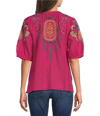 JOHNNY WAS Margot Embroidered Tassel Split V-Neck Short Sleeve Blouse