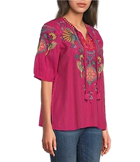 JOHNNY WAS Margot Embroidered Tassel Split V-Neck Short Sleeve Blouse