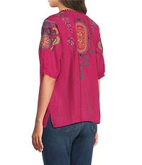 JOHNNY WAS Margot Embroidered Tassel Split V-Neck Short Sleeve Blouse