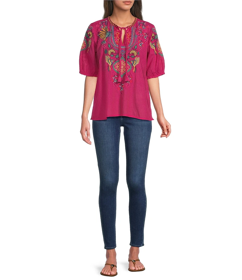 JOHNNY WAS Margot Embroidered Tassel Split V-Neck Short Sleeve Blouse