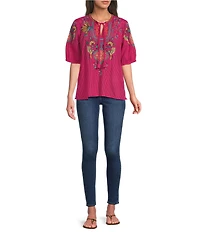 JOHNNY WAS Margot Embroidered Tassel Split V-Neck Short Sleeve Blouse