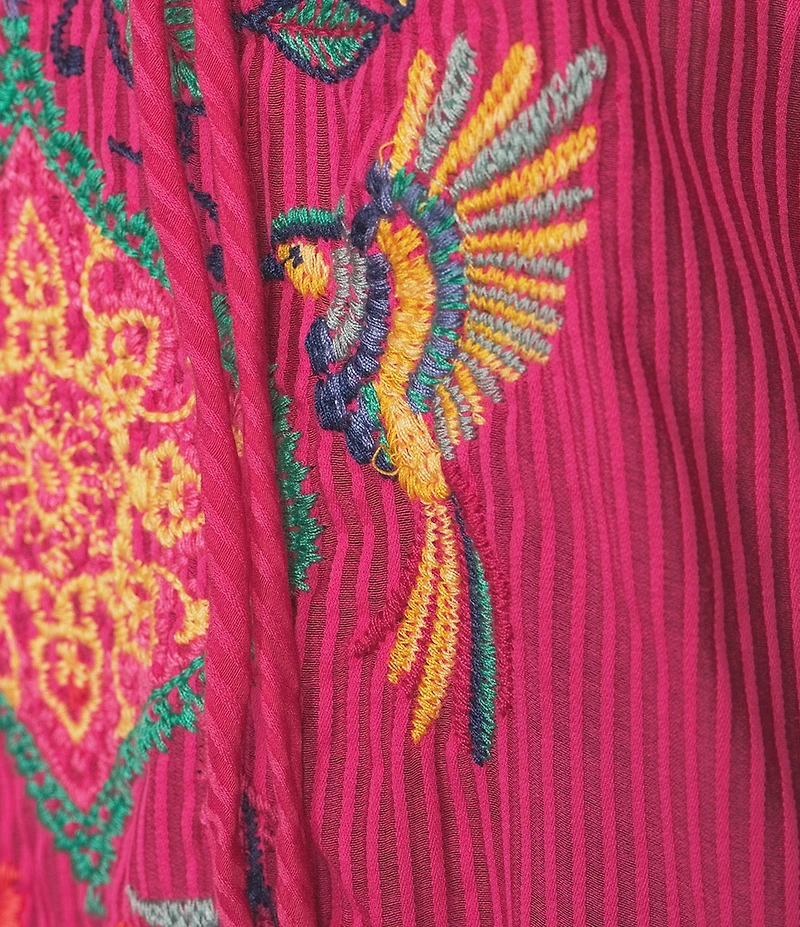 JOHNNY WAS Margot Embroidered Tassel Split V-Neck Short Sleeve Blouse