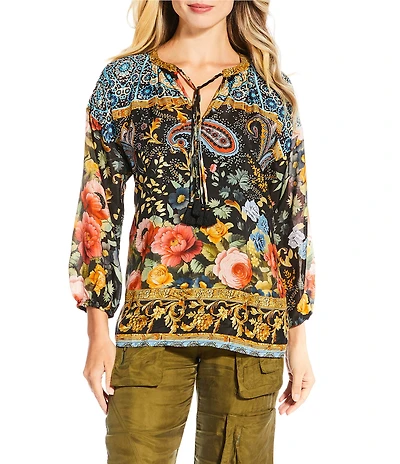 JOHNNY WAS Margot Ornate Floral Print Silk Split V-Neck Bishop Sleeve Blouse