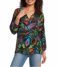 JOHNNY WAS Margot Silk Silvana Paisley Floral Print Split Embroidered V-Neck Tassel Tie Bracelet Sleeve Blouse