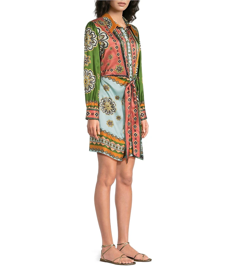JOHNNY WAS Maxima Placement Patchwork Print Long Sleeve Tie-Waist Mini Shirt Dress