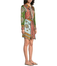 JOHNNY WAS Maxima Placement Patchwork Print Long Sleeve Tie-Waist Mini Shirt Dress