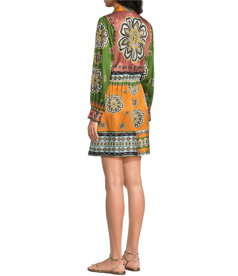 JOHNNY WAS Maxima Placement Patchwork Print Long Sleeve Tie-Waist Mini Shirt Dress