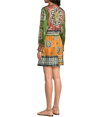 JOHNNY WAS Maxima Placement Patchwork Print Long Sleeve Tie-Waist Mini Shirt Dress