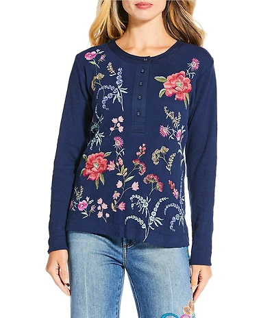 JOHNNY WAS Mayra Floral Embroidered Textured Knit Round Neck Long Sleeve Henley Top