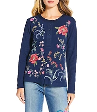 JOHNNY WAS Mayra Floral Embroidered Textured Knit Round Neck Long Sleeve Henley Top