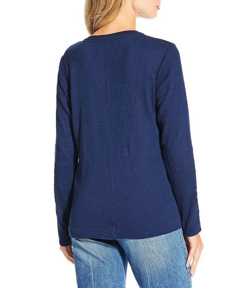 JOHNNY WAS Mayra Floral Embroidered Textured Knit Round Neck Long Sleeve Henley Top