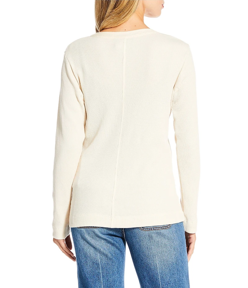 JOHNNY WAS Mayra Floral Embroidered Textured Knit Round Neck Long Sleeve Henley Top