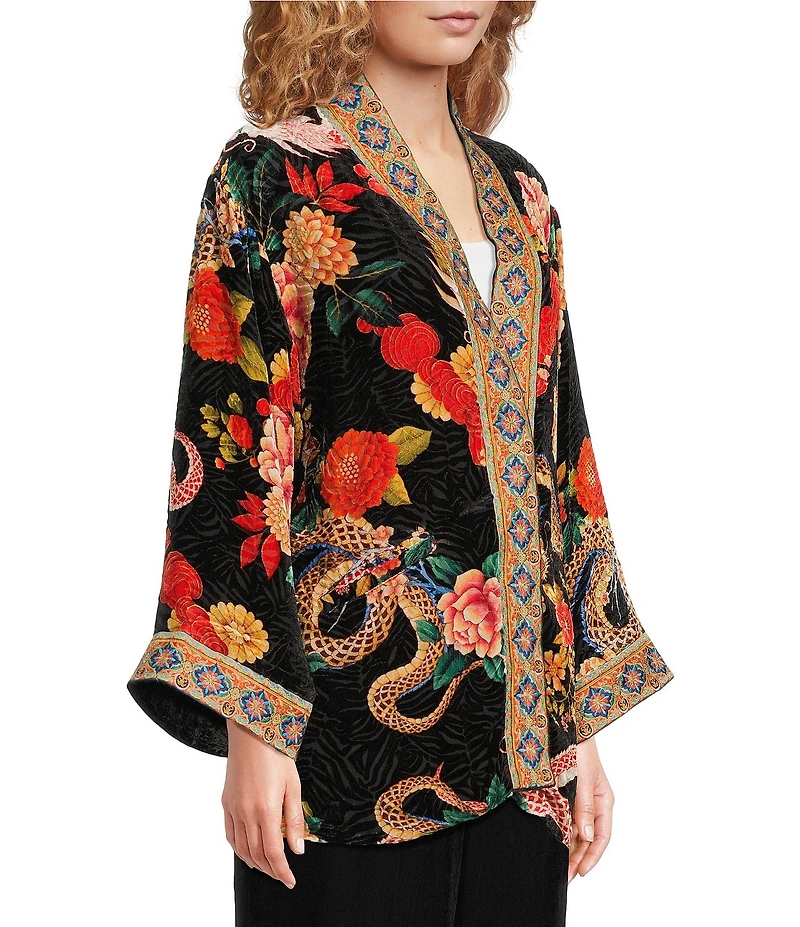 JOHNNY WAS Merhawi Reversible Print to Solid Burnout Velvet Kimono Jacket