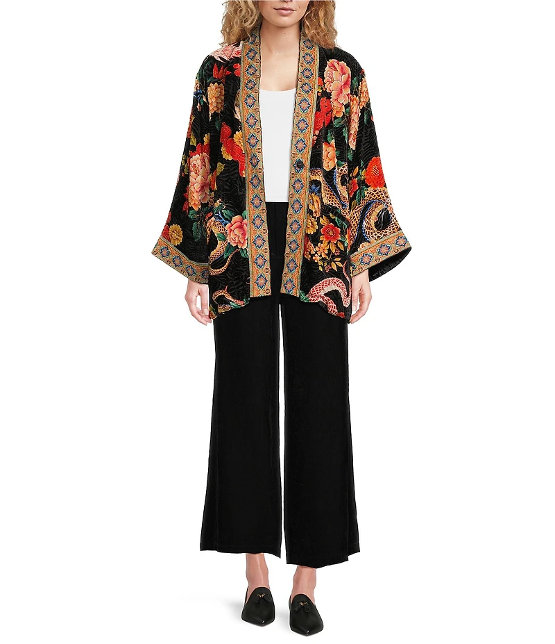 JOHNNY WAS Merhawi Reversible Print to Solid Burnout Velvet Kimono Jacket
