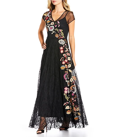 JOHNNY WAS Mertina Floral Embroidered Mesh Lace V-Neck Cap Sleeve A-Line Maxi Dress