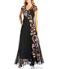 JOHNNY WAS Mertina Floral Embroidered Mesh Lace V-Neck Cap Sleeve A-Line Maxi Dress