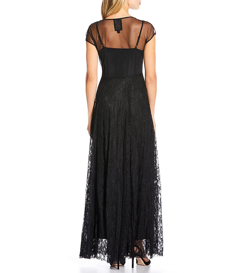 JOHNNY WAS Mertina Floral Embroidered Mesh Lace V-Neck Cap Sleeve A-Line Maxi Dress