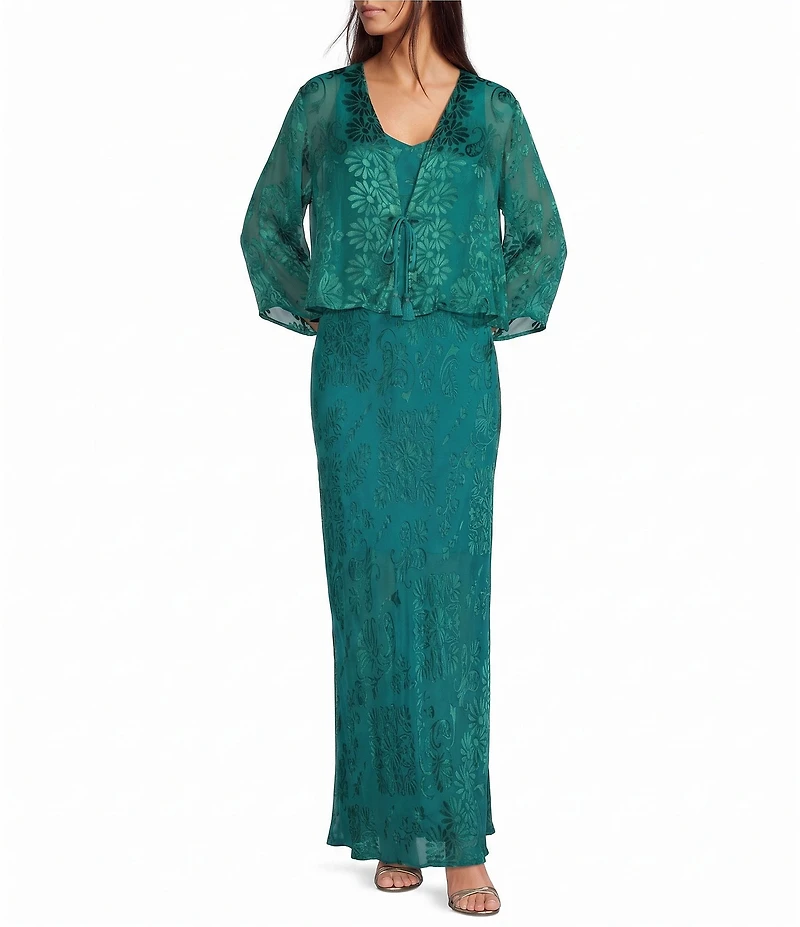 JOHNNY WAS Mertina Silky Burnout Textured Floral 3/4 Sleeve Tassel Tie-Front Bolero Jacket