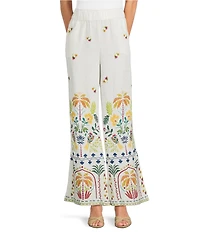 JOHNNY WAS Mixed Floral Printed Linen Elastic Waist Wide Leg Coordinating Pants