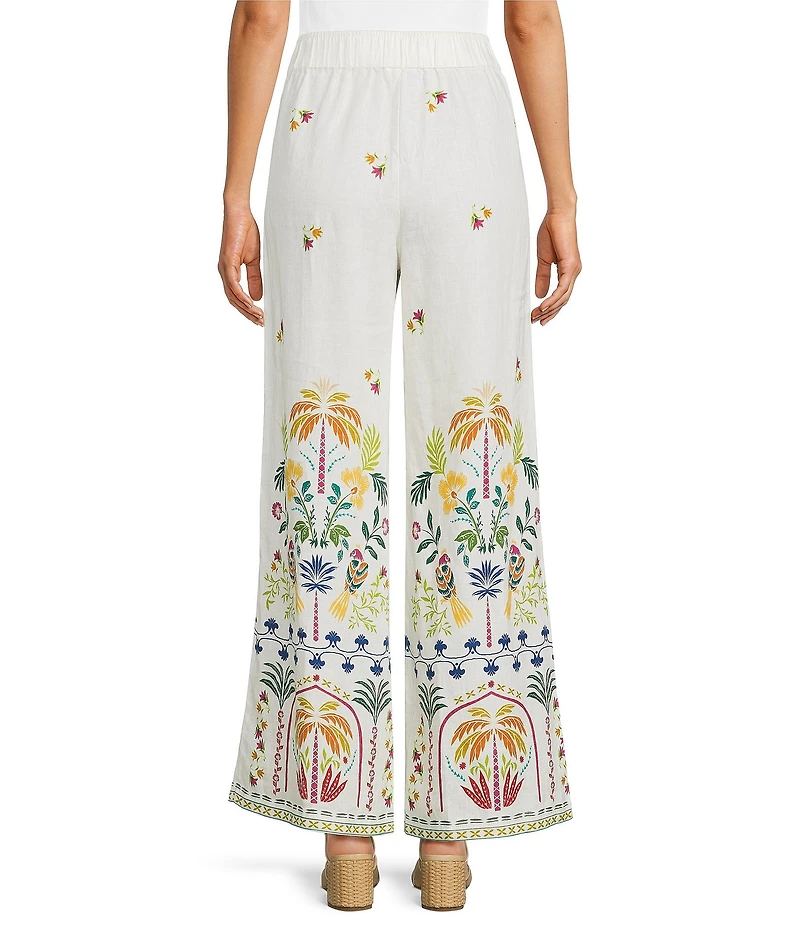 JOHNNY WAS Mixed Floral Printed Linen Elastic Waist Wide Leg Coordinating Pants