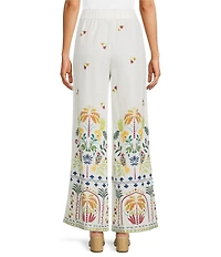 JOHNNY WAS Mixed Floral Printed Linen Elastic Waist Wide Leg Coordinating Pants