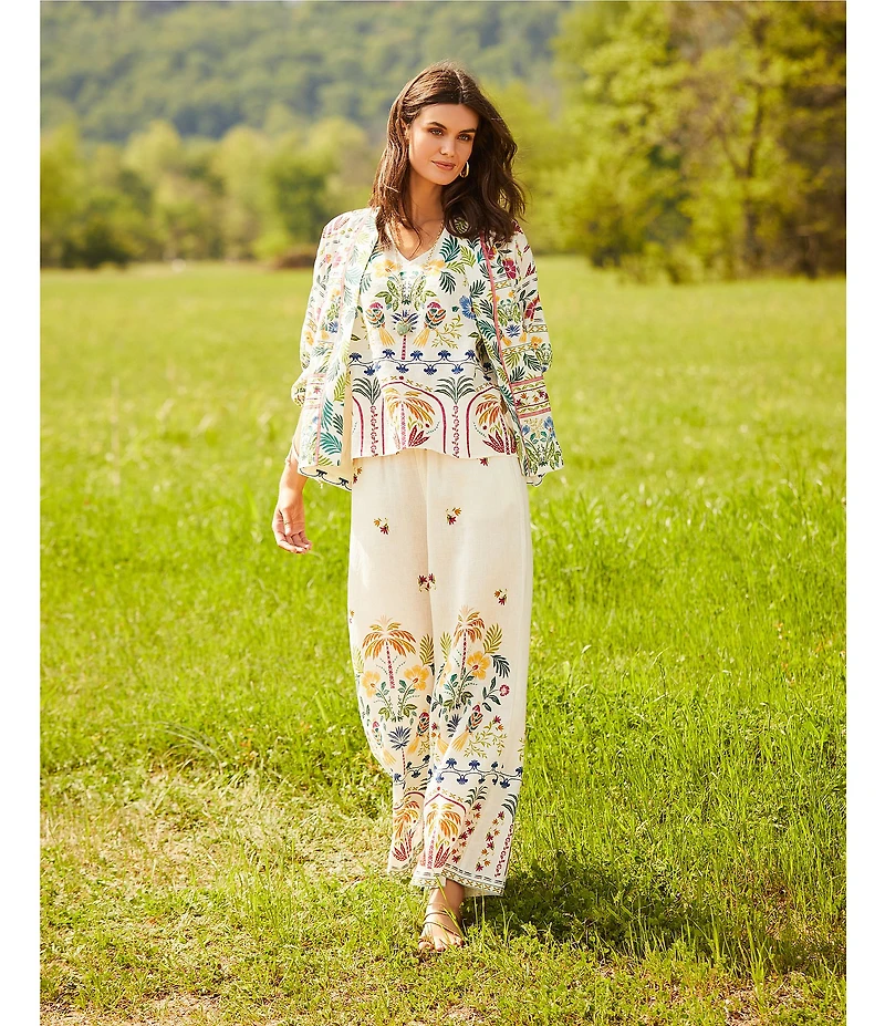 JOHNNY WAS Mixed Floral Printed Linen Elastic Waist Wide Leg Coordinating Pants