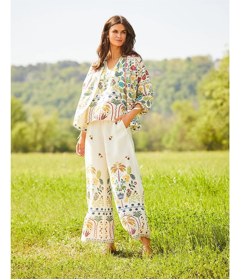 JOHNNY WAS Mixed Floral Printed Linen Elastic Waist Wide Leg Coordinating Pants