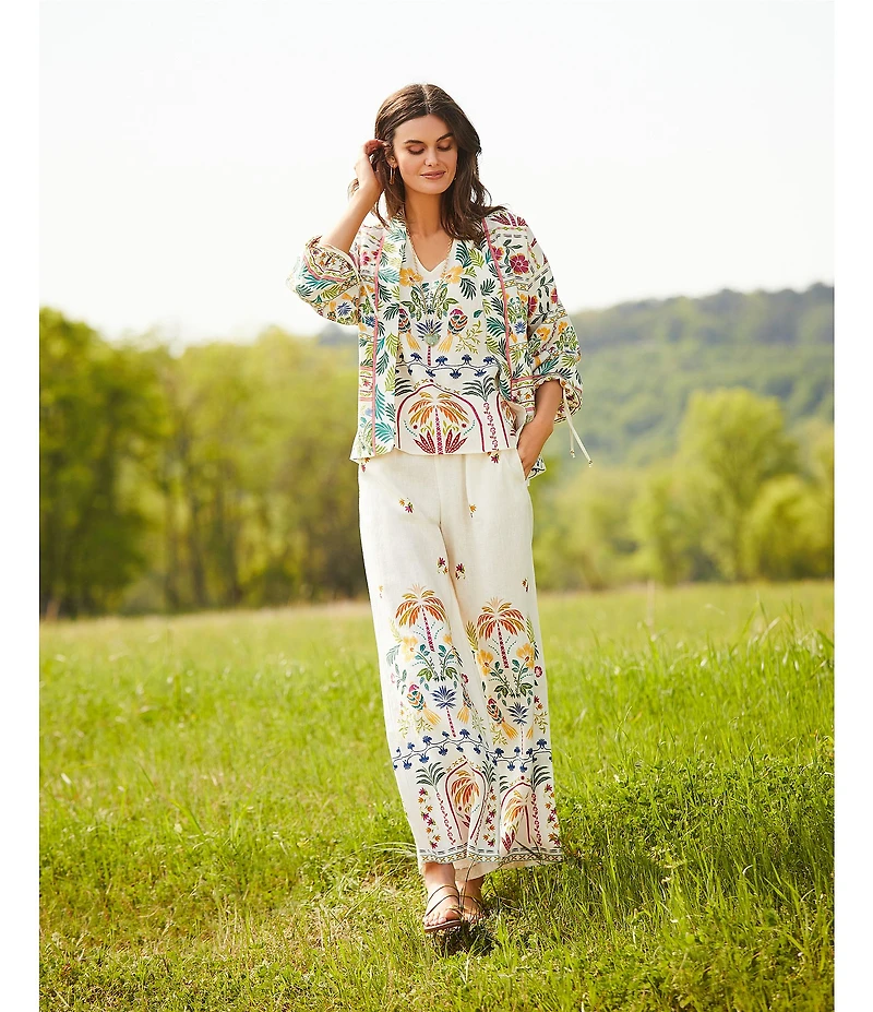 JOHNNY WAS Mixed Floral Printed Linen Elastic Waist Wide Leg Coordinating Pants