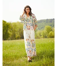 JOHNNY WAS Mixed Floral Printed Linen Elastic Waist Wide Leg Coordinating Pants