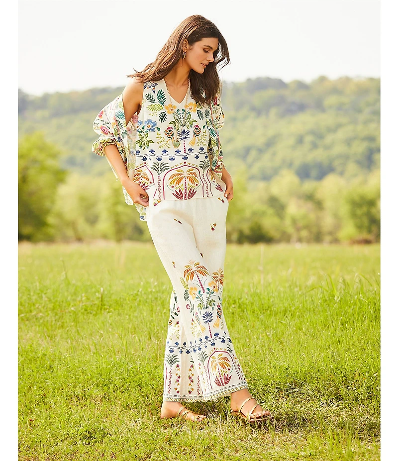 JOHNNY WAS Mixed Floral Printed Linen Elastic Waist Wide Leg Coordinating Pants