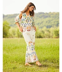 JOHNNY WAS Mixed Floral Printed Linen Elastic Waist Wide Leg Coordinating Pants