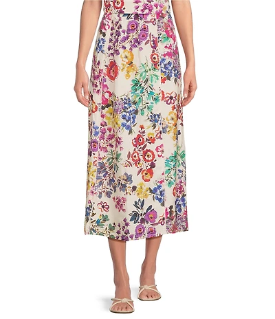 JOHNNY WAS Mixed Floral Printed Linen Seamed A-Line Pull-On Coordinaitng Midi Skirt