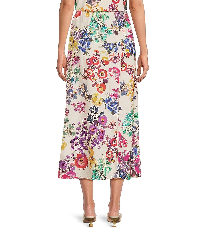 JOHNNY WAS Mixed Floral Printed Linen Seamed A-Line Pull-On Coordinaitng Midi Skirt