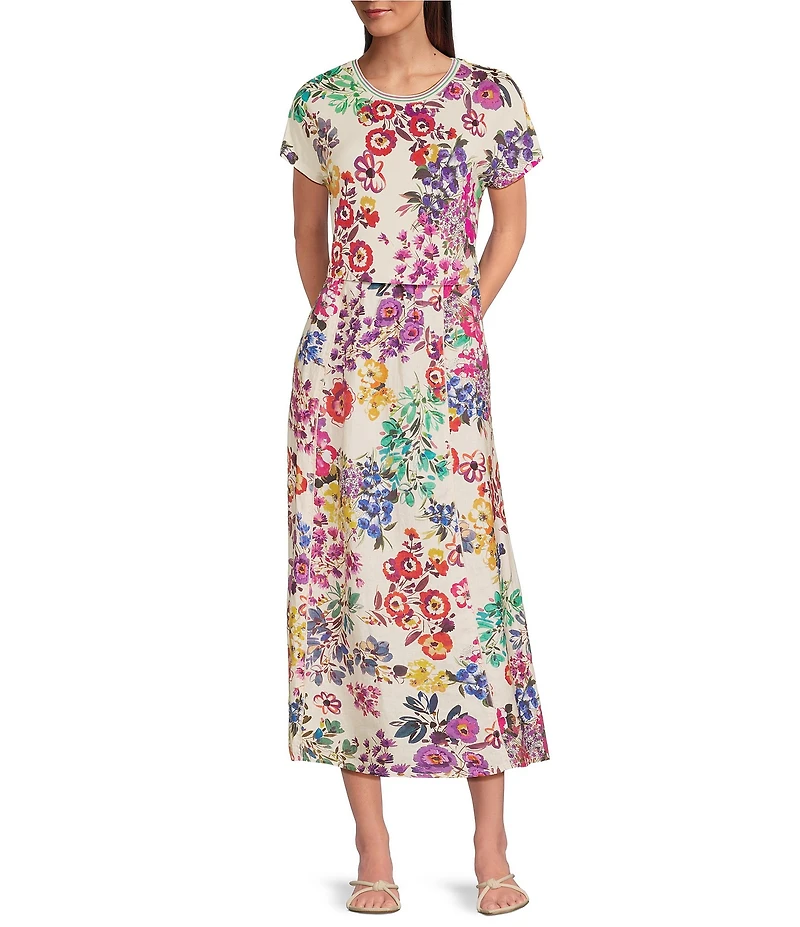 JOHNNY WAS Mixed Floral Printed Linen Seamed A-Line Pull-On Coordinaitng Midi Skirt