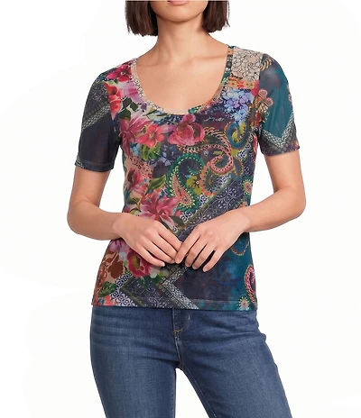 JOHNNY WAS Multi Floral Print Mesh Knit Scoop Neck Short Sleeve Tee