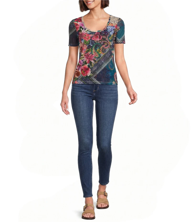 JOHNNY WAS Multi Floral Print Mesh Knit Scoop Neck Short Sleeve Tee