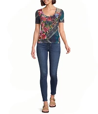 JOHNNY WAS Multi Floral Print Mesh Knit Scoop Neck Short Sleeve Tee