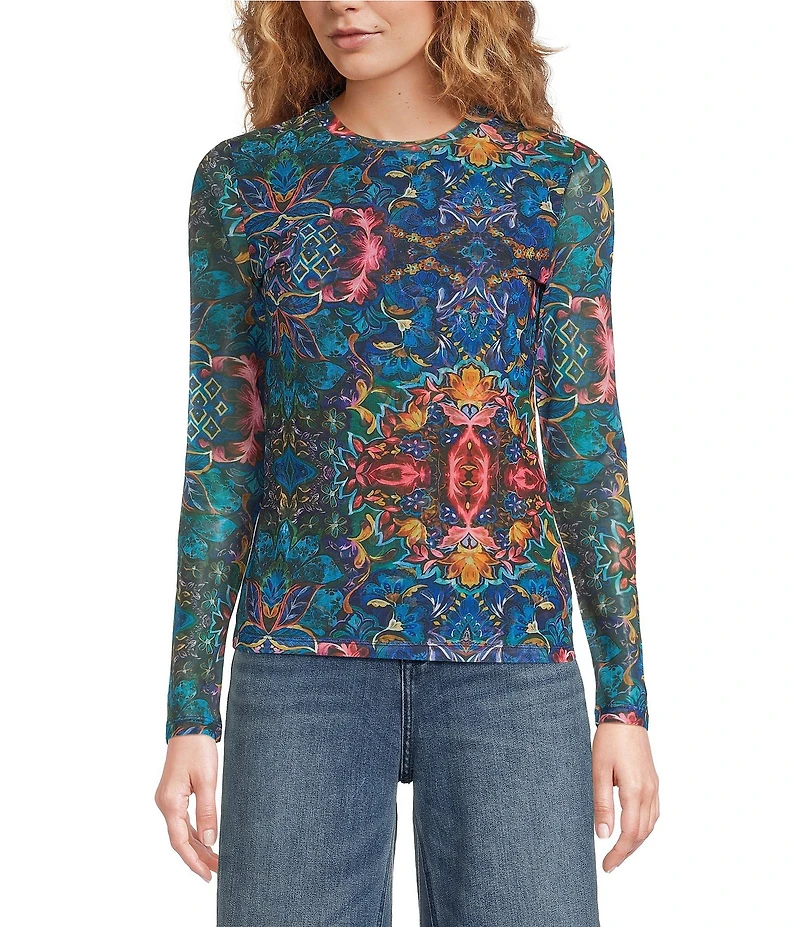 JOHNNY WAS Natalie Printed Mesh Crew Neck Long Sleeve Tee