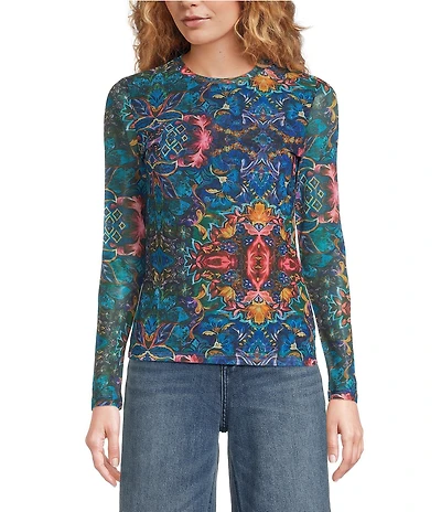 JOHNNY WAS Natalie Printed Mesh Crew Neck Long Sleeve Tee