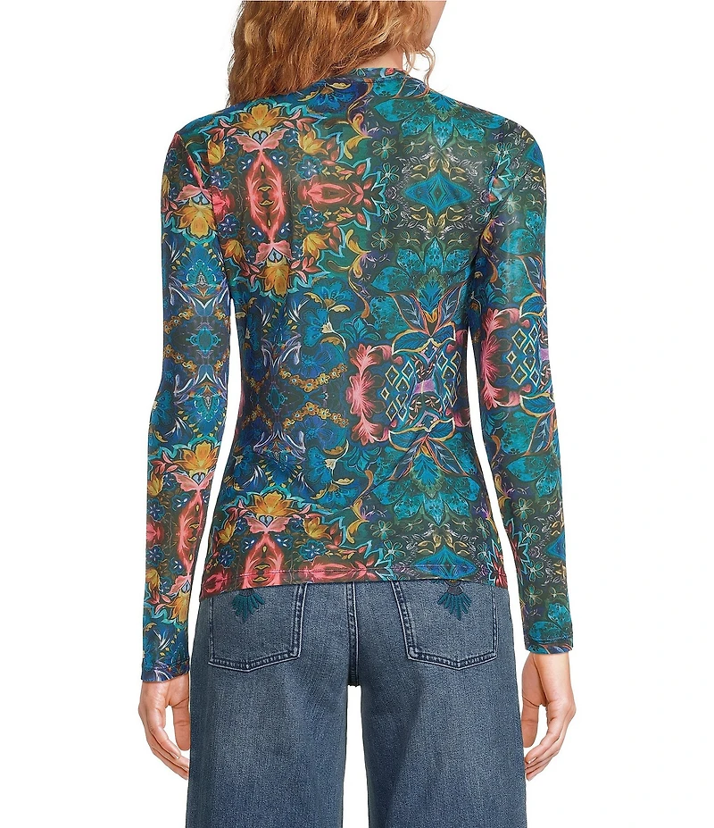 JOHNNY WAS Natalie Printed Mesh Crew Neck Long Sleeve Tee