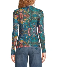 JOHNNY WAS Natalie Printed Mesh Crew Neck Long Sleeve Tee