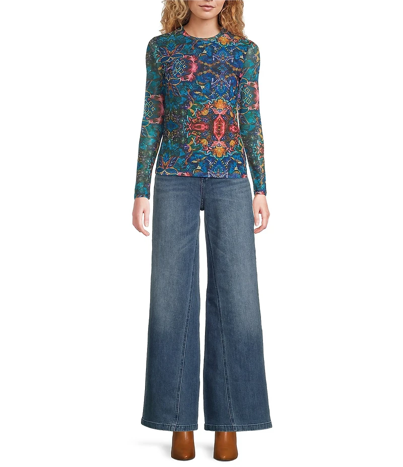 JOHNNY WAS Natalie Printed Mesh Crew Neck Long Sleeve Tee