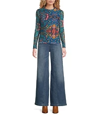 JOHNNY WAS Natalie Printed Mesh Crew Neck Long Sleeve Tee