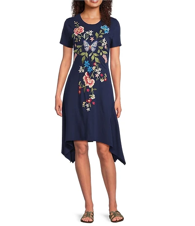JOHNNY WAS Nicolette Embroidered Placement Floral Cotton Knit Crew Neck Short Sleeve Handkerchief Hem Dress