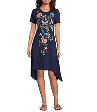 JOHNNY WAS Nicolette Embroidered Placement Floral Cotton Knit Crew Neck Short Sleeve Handkerchief Hem Dress
