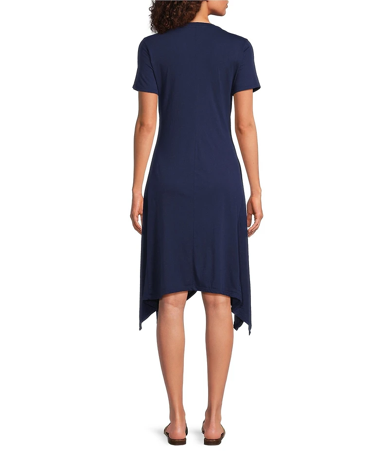 JOHNNY WAS Nicolette Embroidered Placement Floral Cotton Knit Crew Neck Short Sleeve Handkerchief Hem Dress