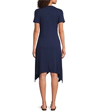 JOHNNY WAS Nicolette Embroidered Placement Floral Cotton Knit Crew Neck Short Sleeve Handkerchief Hem Dress
